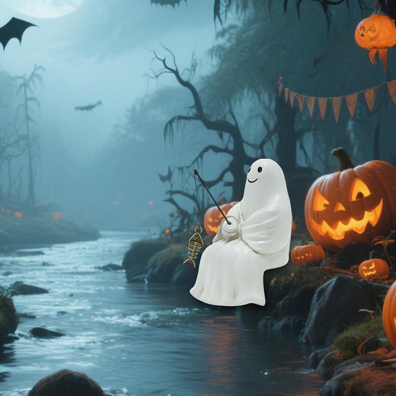 Fishing Ghost Statue Mini Ghost Figurines Halloween Gothic Decor Resin Cute Ghost Fisher Sculpture For Outdoor Garden Pond