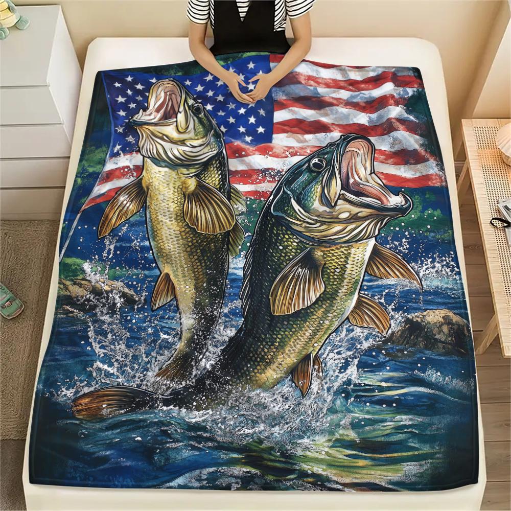 1Pc American Bass Fishing Print Flannel Blanket, High quality Comfortable for All Seasons, Home Decor, Warmth and Comfort, Perfect for Christmas Gifts