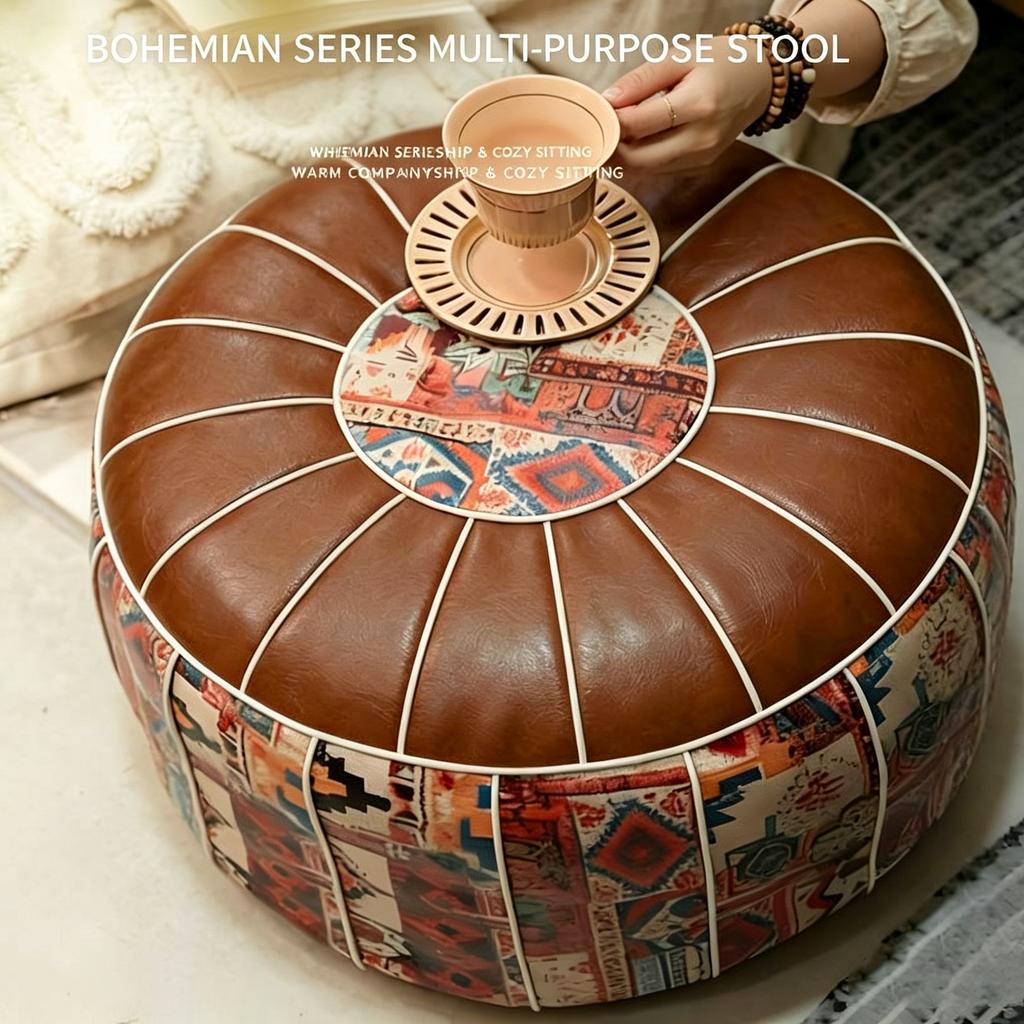 53x35cm Soft Bohemian PU Leather Pouf Embroidered Craft Storage Ottoman Footstool for Patio Decor