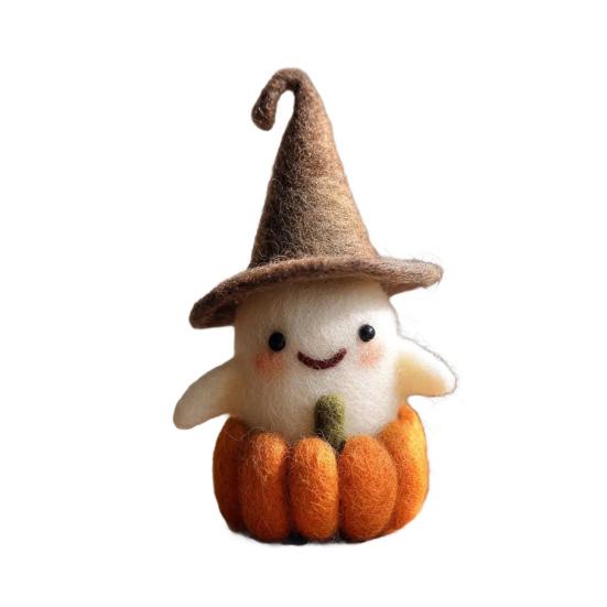 Handmade Felt Halloween Ghost Pumpkin with Wizard Hat Wool Felted Ghost Ornament for Halloween Home Shelf Desk Decor