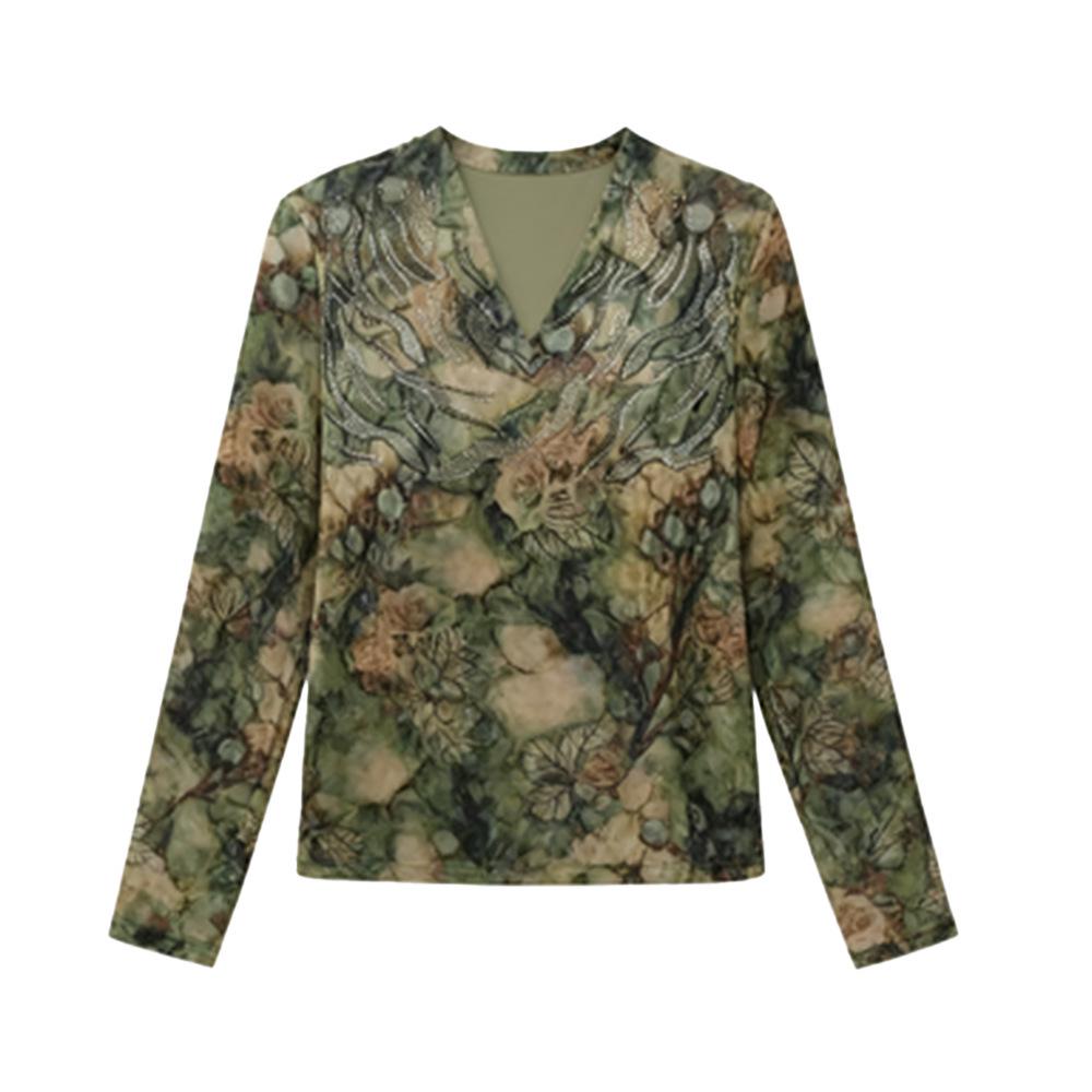Velour Floral V-Neck Long Sleeve Plus Size Women's Top for Middle-Aged/Elderly