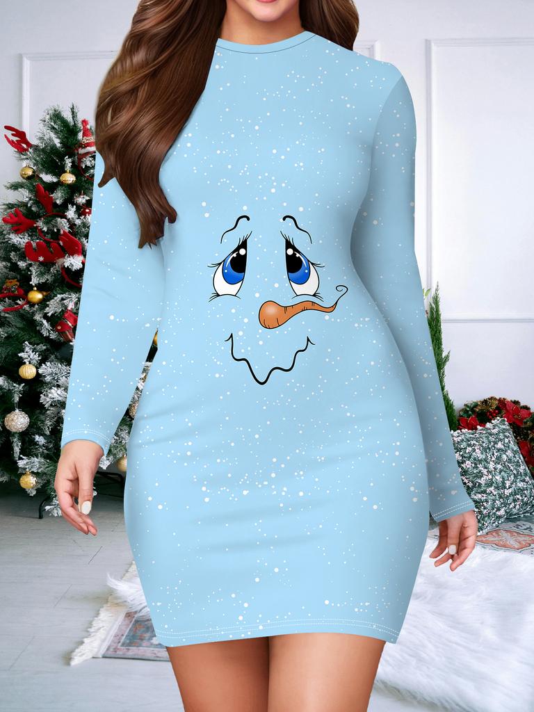 2025 Autumn and Winter New Women's Hip-wrapped Dress,3D Christmas Printing and Dyeing Women's Fashion Long-sleeved Round Neck Sexy Hip-wrapped Dress