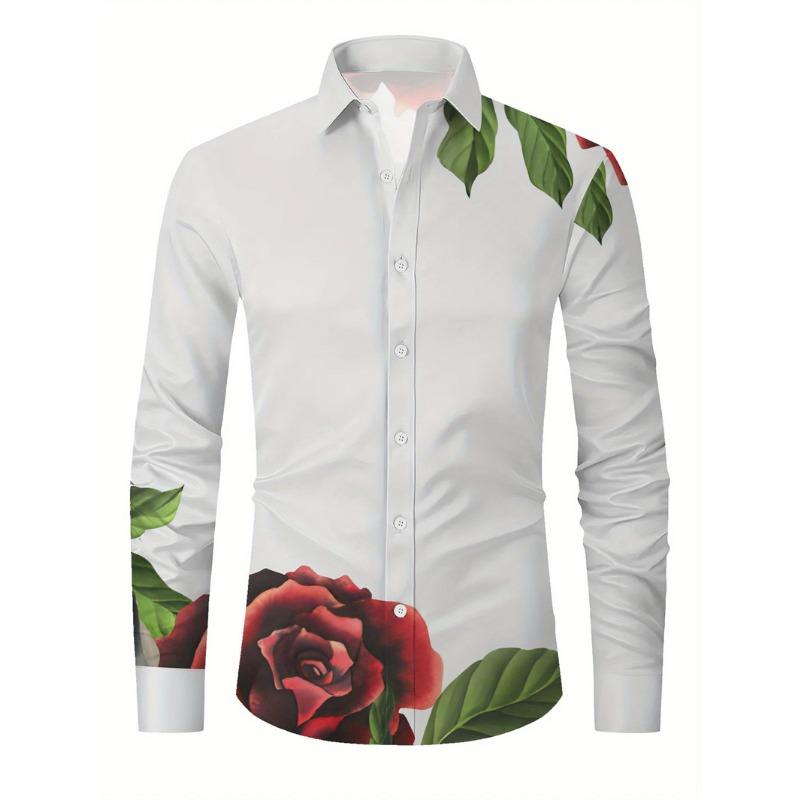 Men's Button Down Casual Shirt with Spring and Summer Floral Print Long Sleeved Shirt for Daily Fashion and Comfort