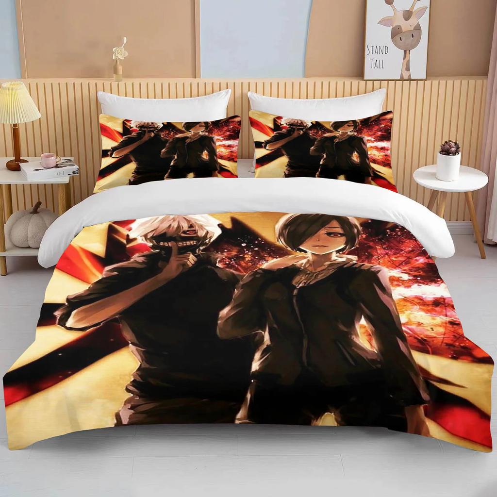 Neues Japan Tokyo Ghoul Bettwäscheset Kaneki Ken Anime Bettwäscheset Schwarz Weiß Bettbezugset Junge Heimtextil 3D Steppdecke Bettwäsche