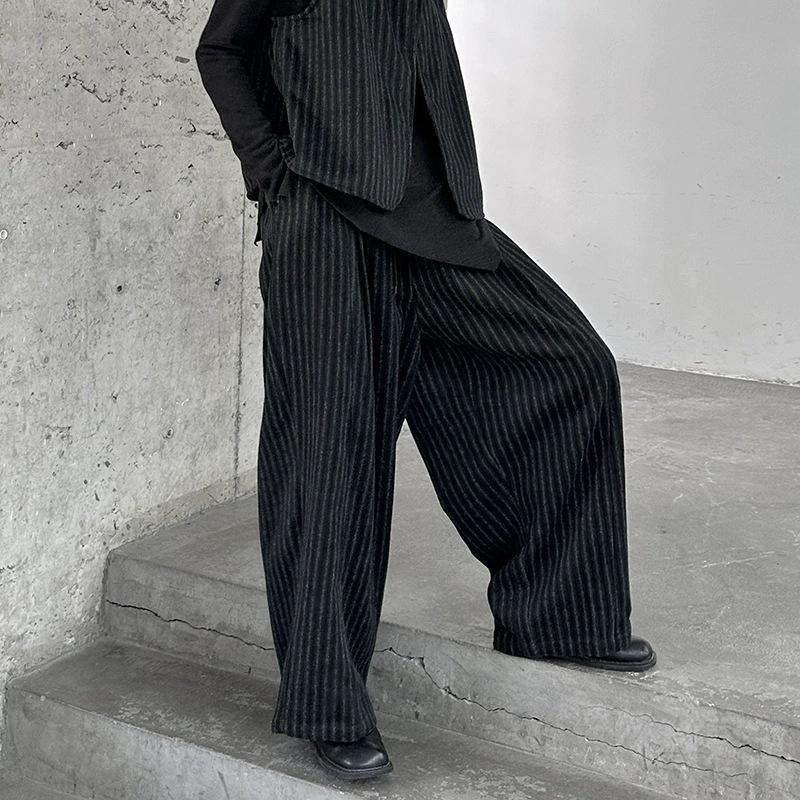 

Autumn/Winter Wool Striped Wide-Leg Pants with Elastic High Waist One Size