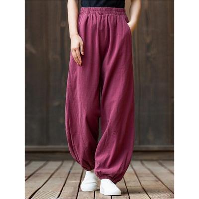 Johnature Women Linen Wide Leg Pants 8 Color Vintage Elastic Waist Spring Trouser Pockets Loose Casual Female Long Pants