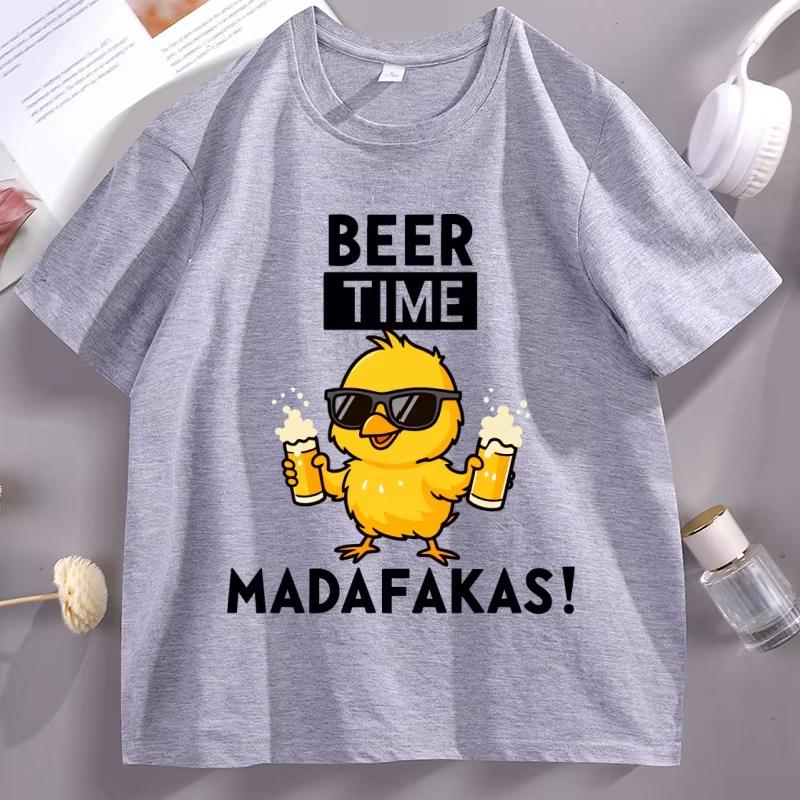Beer Time Madafakas Tshirts Fun Chick Mascot Holding Two Beers TShirts Party Decor Tshirt Men Women Summer Drink Tee Shirts