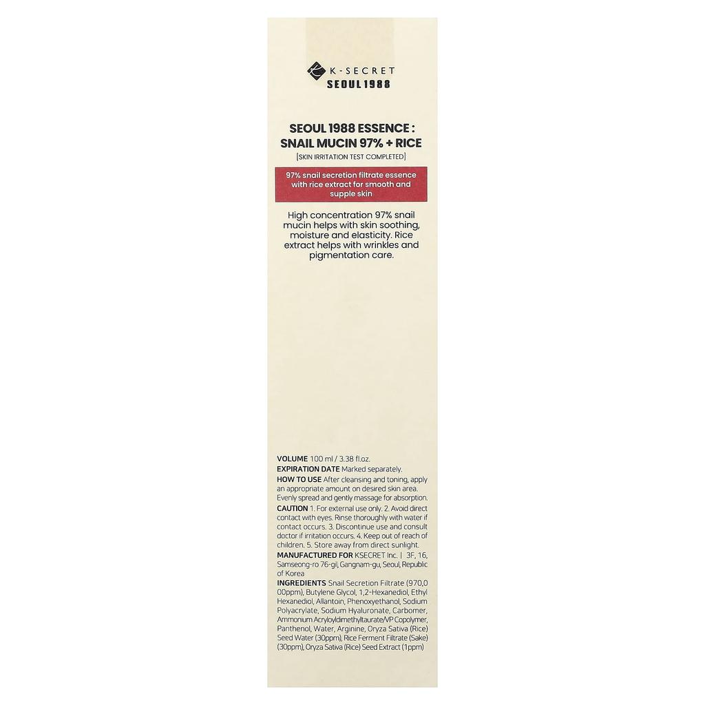 K-Secret, Seoul 1988 Essence, Snail Mucin 97% + Rice Bran Water, 100ml (3.38 fl oz)