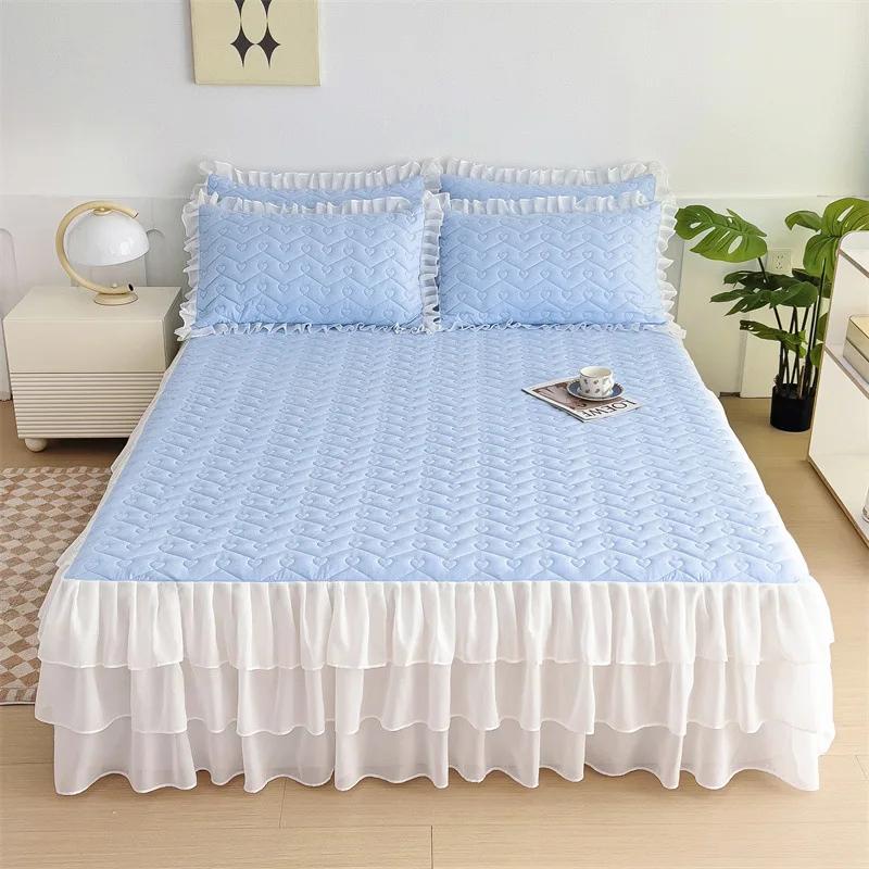 Volan de pat din dantelă cu model în formă de inimă, de înaltă calitate, matlasat, cu tiv inferior din șifon, cuvertură de pat, moale, confortabil, cearșafuri de pat antiderapante, lenjerie de pat