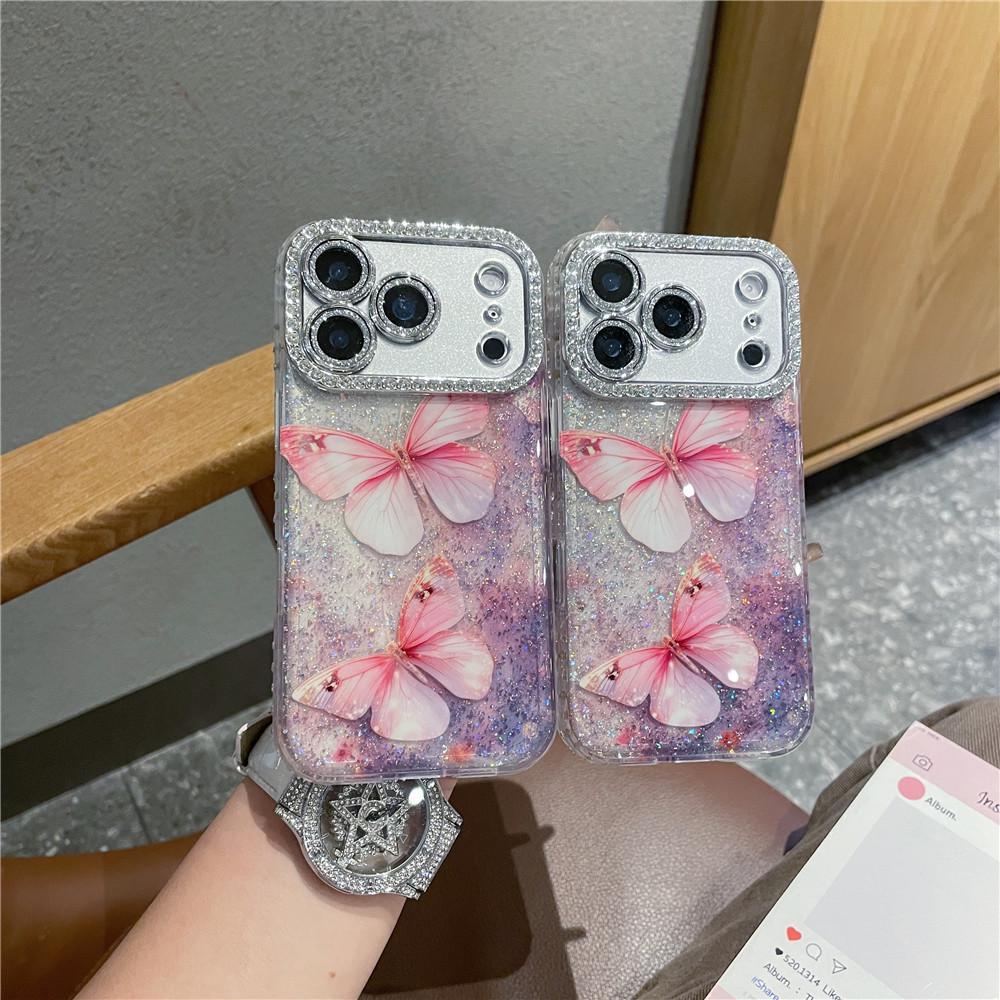 Diamond-Studded Butterfly Lens iPhone 17 Pro Max Drop-Proof Case, Compatible with Apple 14-16 Models.