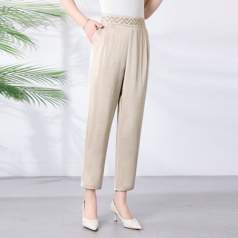 

Summer High-Waisted Ice Silk Pants for Women: Stylish Plus Size Casual Pencil Pants for Middle-Aged & Elderly 4XL бежевый