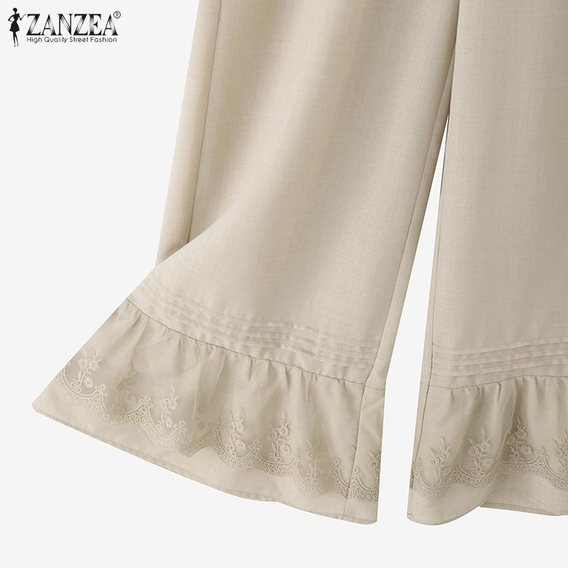 ZANZEA Women Casual Elastic Waist Loose Lace Splice Pants