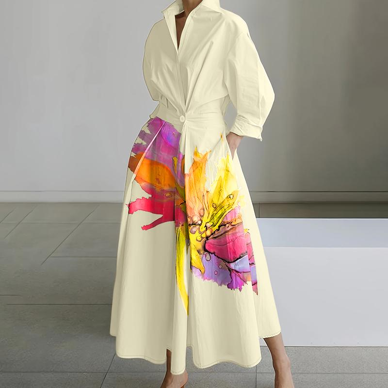 ZANZEA Women Turn Down Collar Loose Casual Long Sleeve Print Shirt Dress