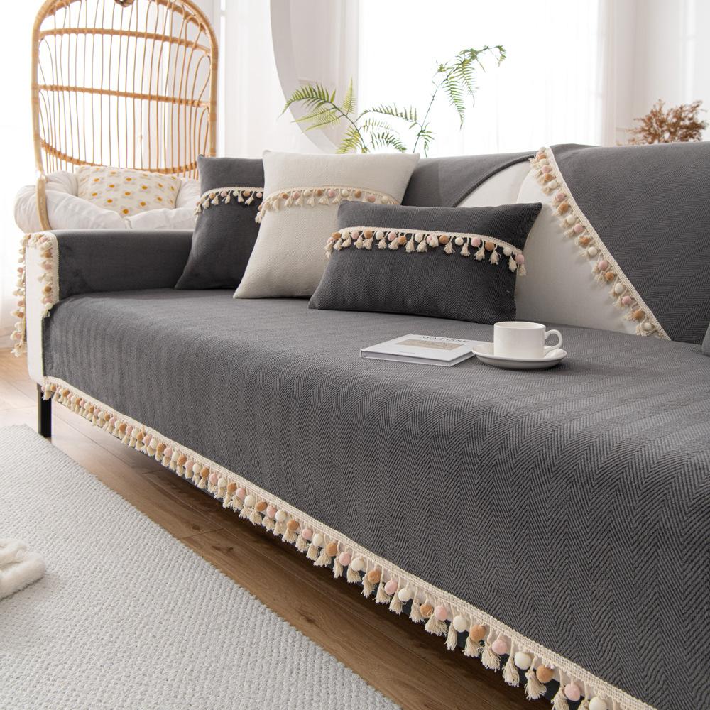 Pernă cu Ciucuri de Catifea Stil Cremă Pernă de Sofă Antiderapantă Husă de Sofă Universală pentru Patru Anotimpuri Pânză Simplă și Proaspătă pentru Husă de Sofă