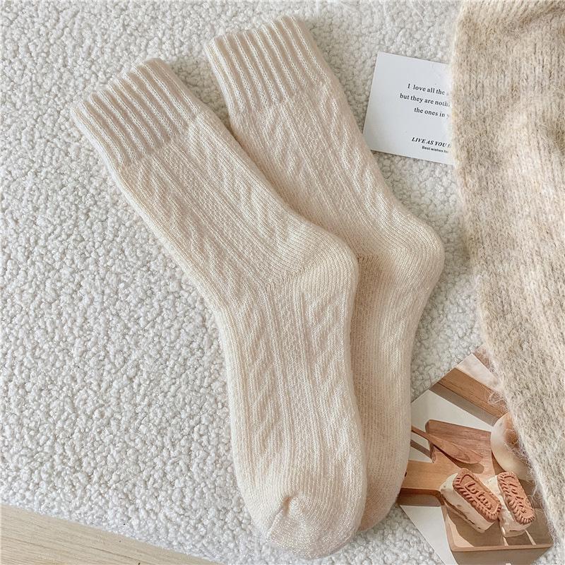 Women's Warm Fleece-Lined Mid-Calf Terry Socks for Autumn/Winter, Pure Color