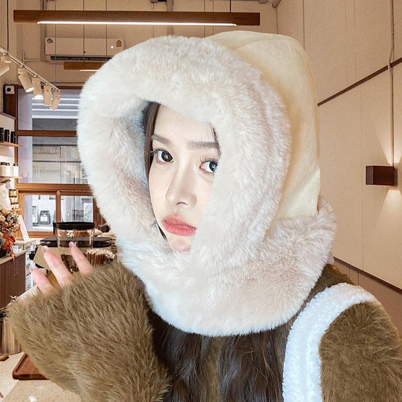 Autumn and winter integrated hat women's wool hat with scarf thickened plush wool hat big head circumference versatile loose hat