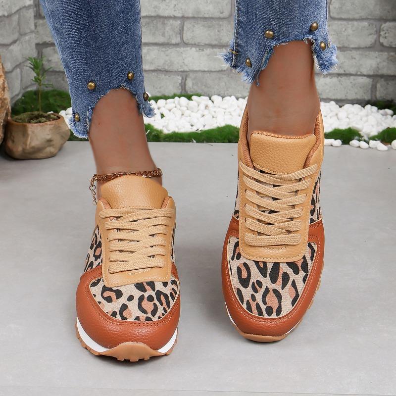 New thick-soled low-top lace-up leopard print sneakers women's large-size splicing casual shoes