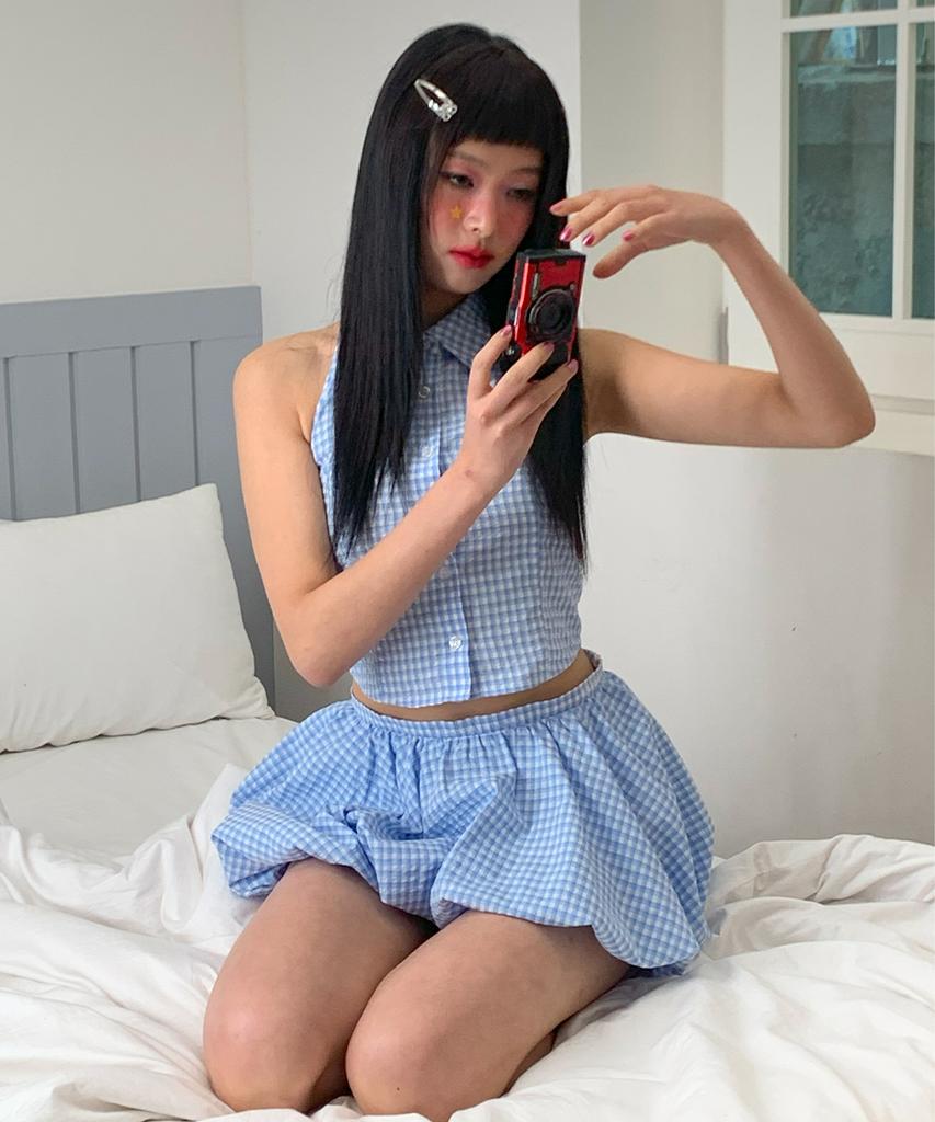 Yuhee Check Balloon Mini Skirt Light Blue