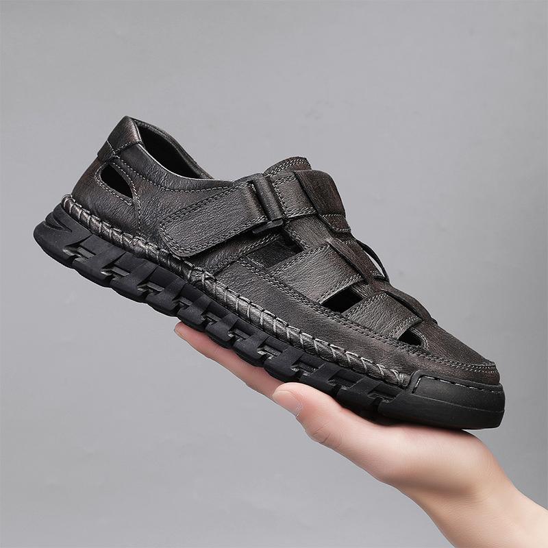 Mens Closed Toe Sandals Large Size Genuine Leather Casual Hiking Sandals Hand Sewn Outdoor Comfortable
