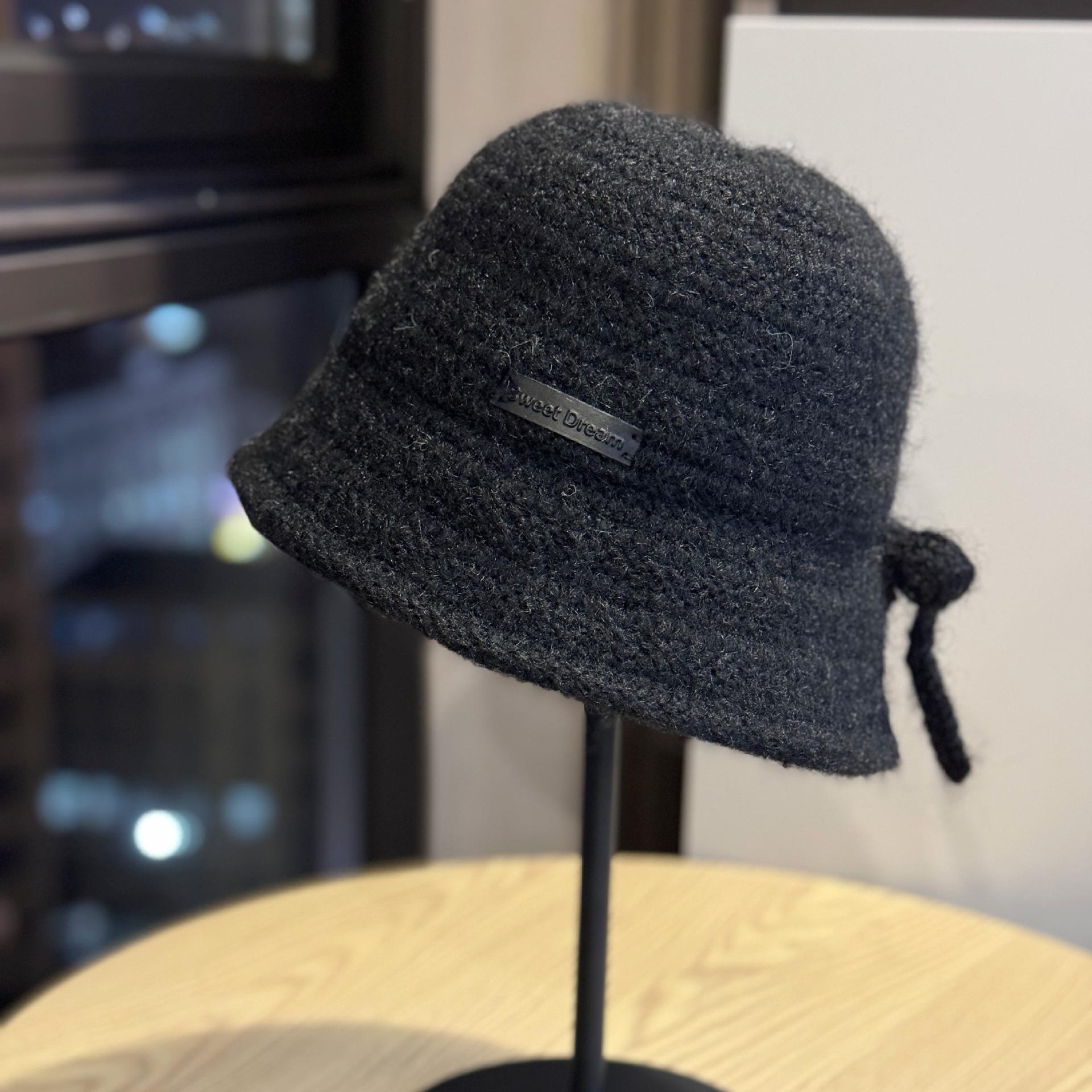 

New autumn and winter bow-knot knitted fisherman hat for women, fashionable and versatile, makes the face look smaller, with a side slit, ear Adult54-59Adjustable чёрный