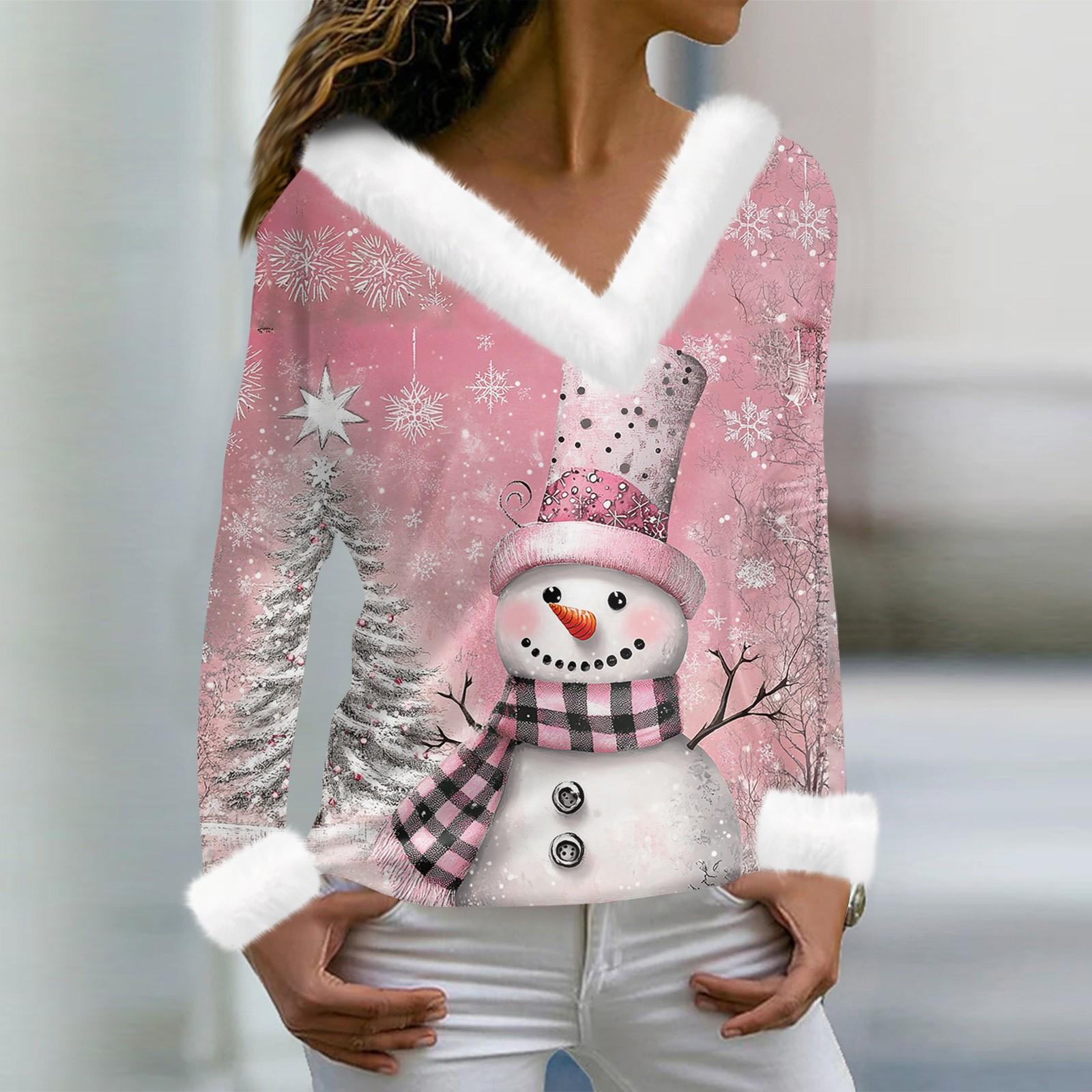 

Женская футболка с рождественским принтом, длинный рукав, флисовый воротник, V-образный вырез, футболка XL розовый