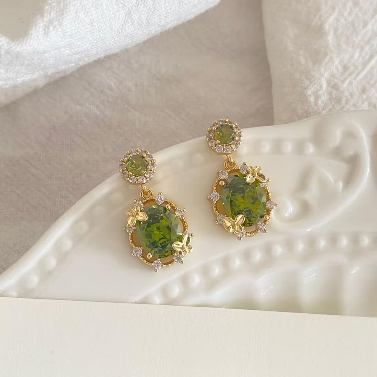 Olive Green Zirconia Hollow-Out Earrings: French Court Style, Elegant & Luxurious Accessories for Women