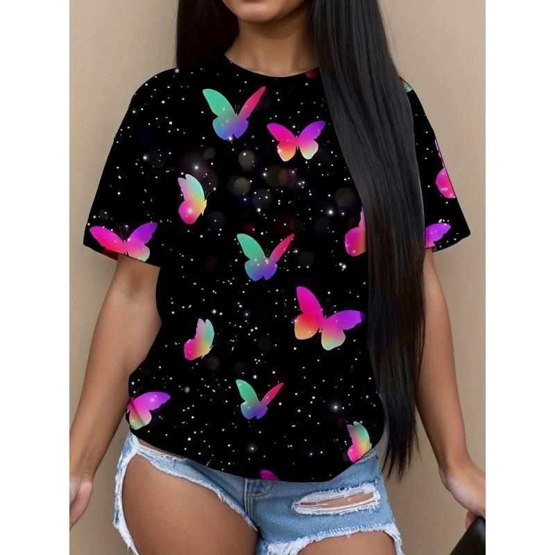 Womens Casual Round Neck Short Sleeve T-Shirt With Butterfly Print Loose Fit 2025