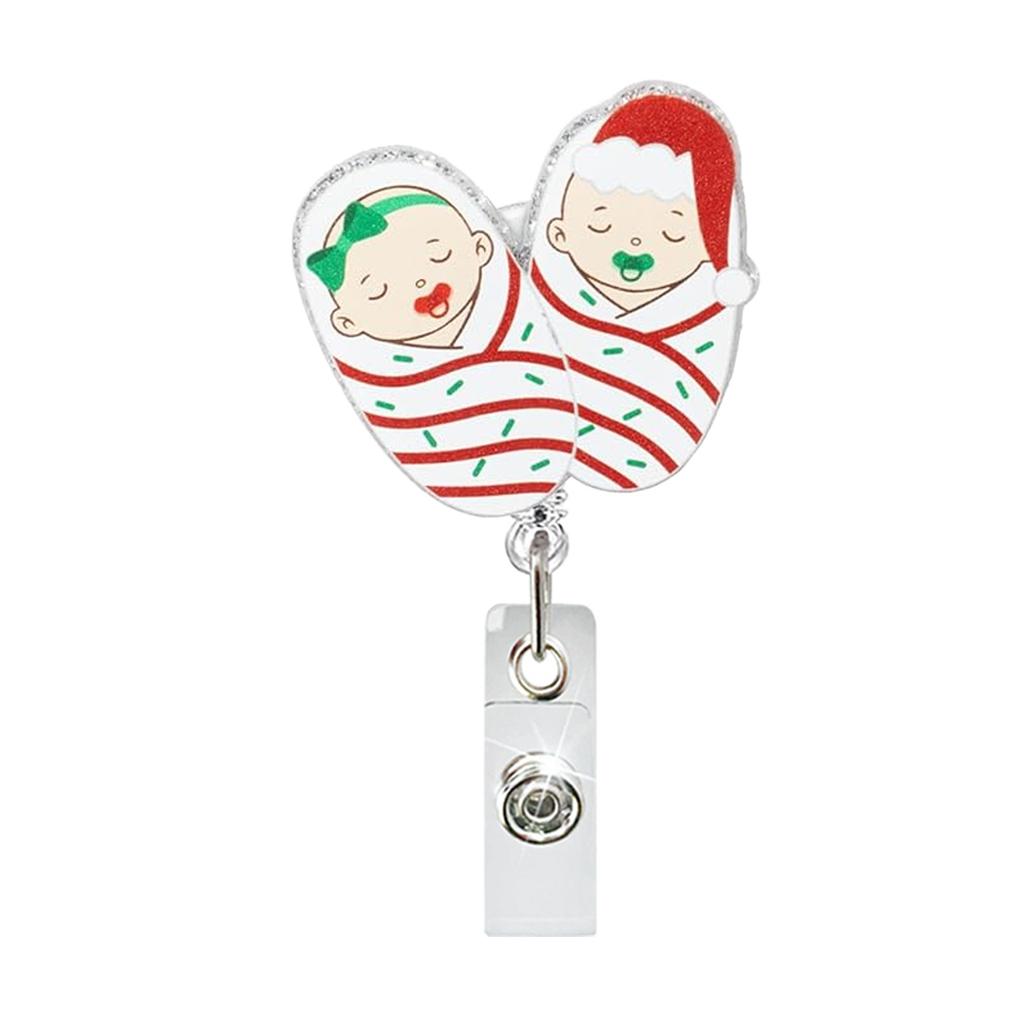 Christmas Red Stripe Baby Acrylic Badge Reel Retractable Name Tag Alligator Clip ID Card Holder for Nurse Office Doctor Student