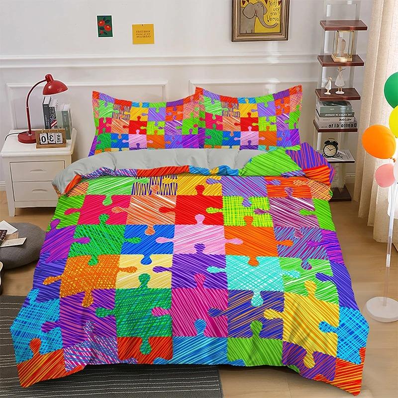 3D Print Colorful Puzzle Duvet Cover King Queen Geometric Figure Quilt Cover Simple Polyester Bedding Set for Kids Boys Girls