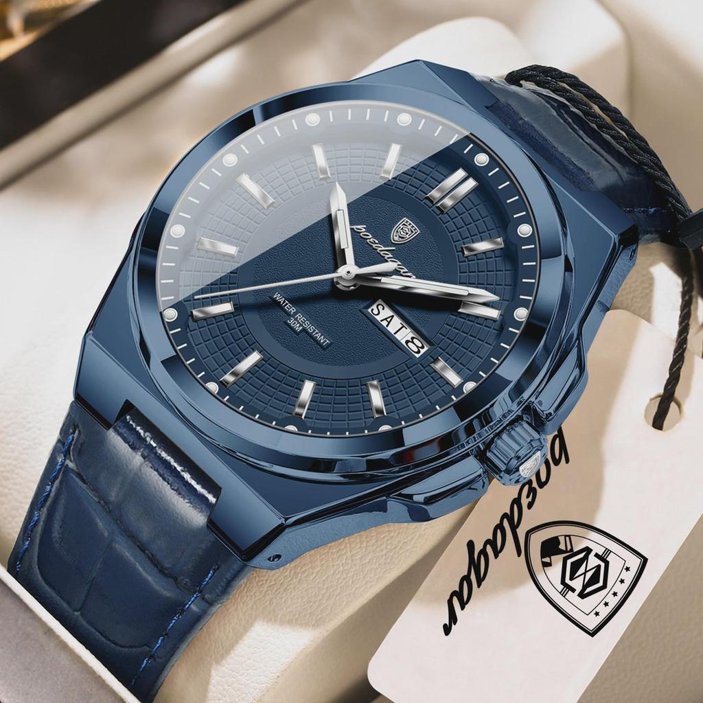 POEDAGAR Luxury Fashion Man Wristwatch Waterproof Luminous Date Week Big Dial Quartz Men's Watches Casual Leather Men Watch