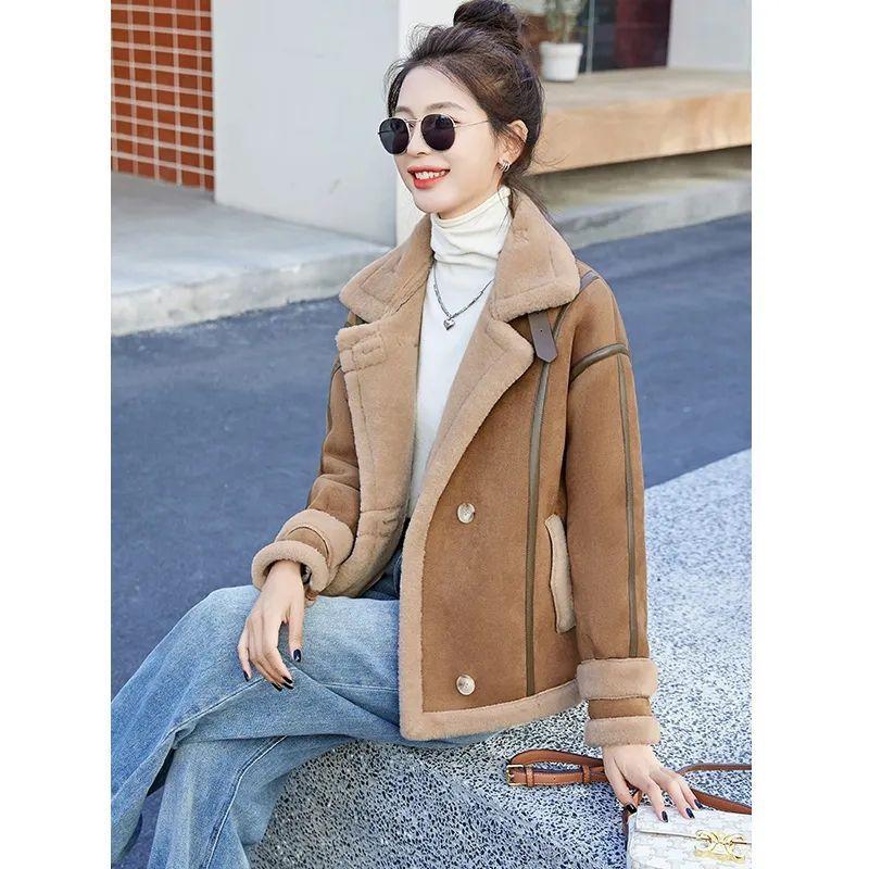 Deerskin fleece fur integrated lamb wool jacket women's short new autumn and winter thickened lamb wool locomotive clothing tide