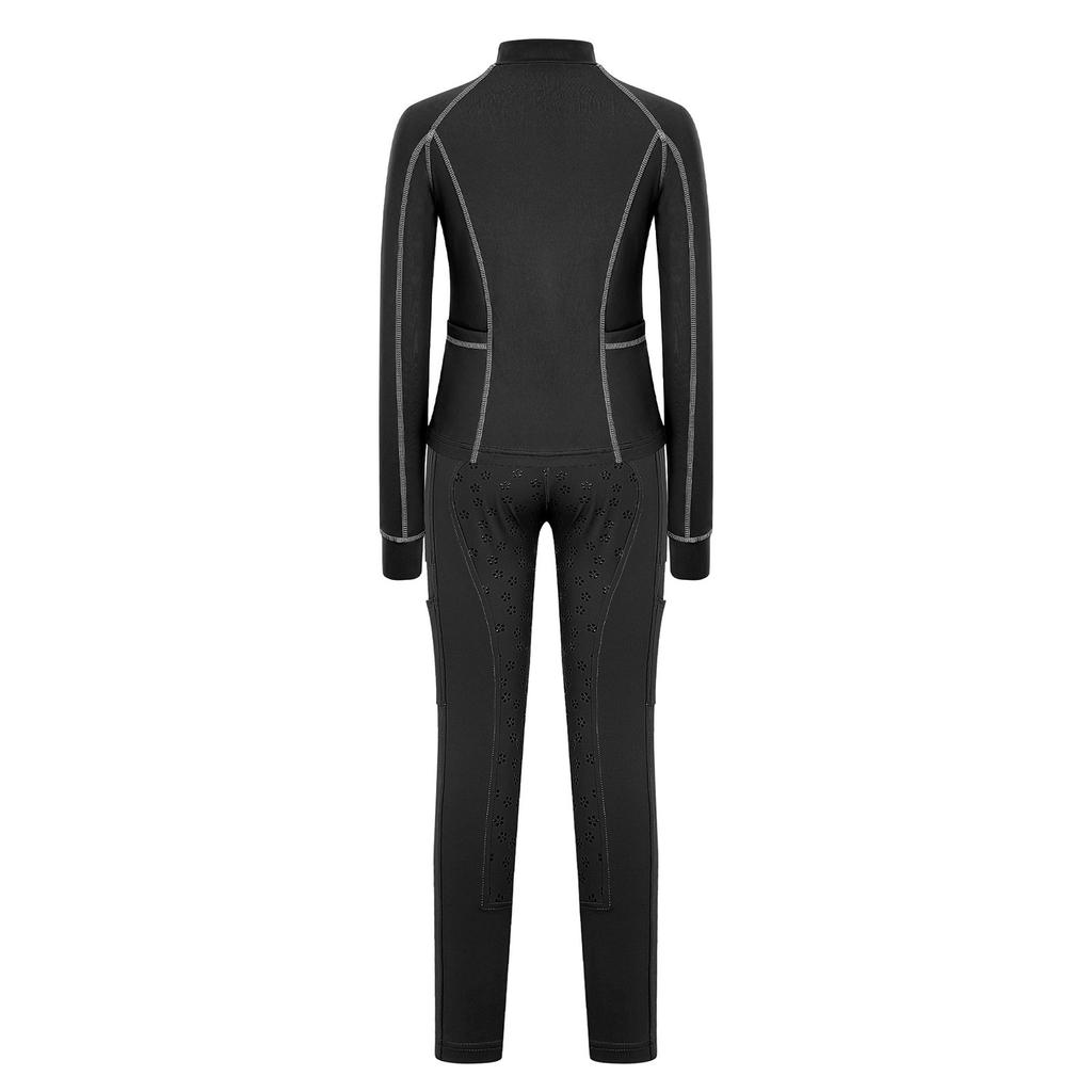 Tenue d'équitation pour filles Ensemble à col montant, manches longues avec trous pour les pouces, pull à fermeture éclair avec pantalon d'équitation à grip intégral antidérapant pour l'entraînement