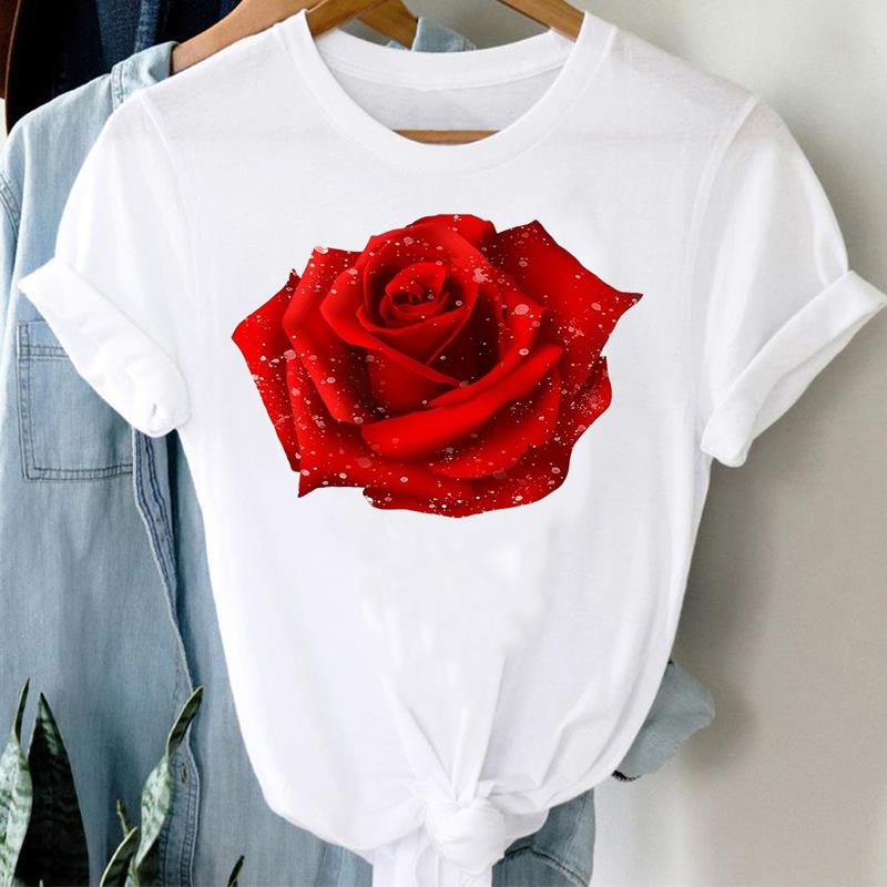 (Asian Size) Sweet Flower Style Print Lady Women Tee Top Clothing Casual Flower Fashion Short Sleeve T Shirt Female Graphic T-shirts