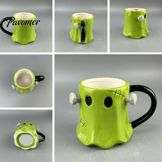 Halloween Party Mitgebsel Grüner Geist Keramik Wasserbecher mit Henkel, 3D Dekoration Tasse, Niedliches Schreibtischornament 490ml Fassungsvermögen, Kreatives Trinkgeschirr für den Schreibtisch