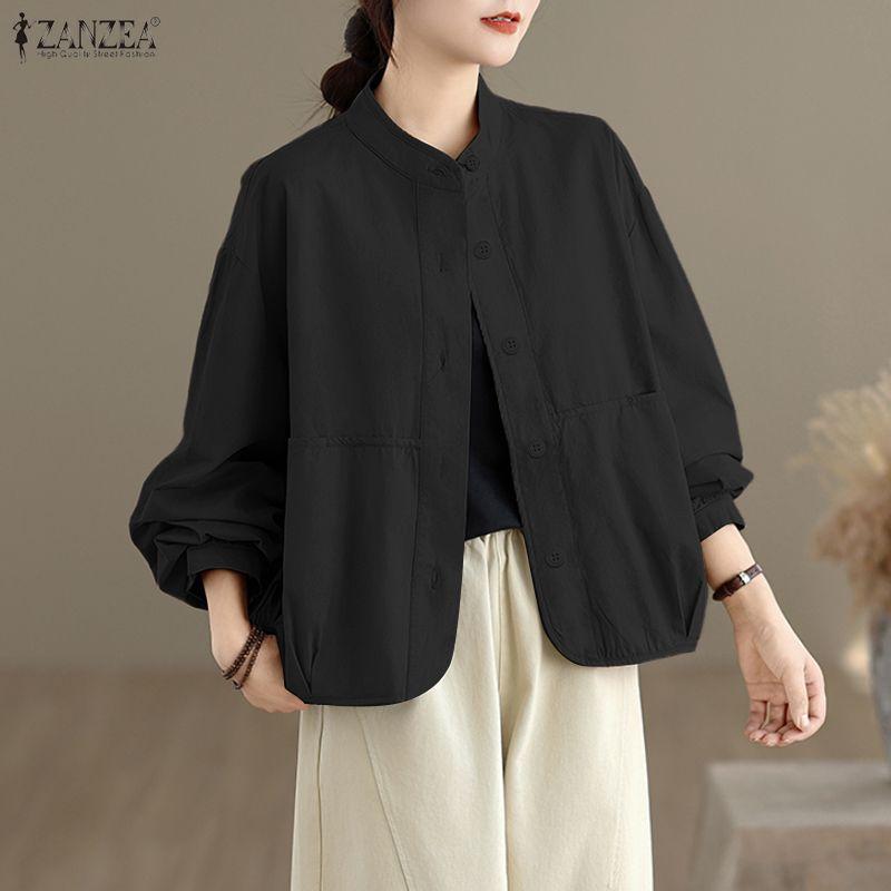 ZANZEA Bluză lejeră cu mânecă lungă, cu guler în picioare, pentru femei