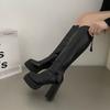 Mode 2025 Neue Klobige Hohe Absätze Einfarbig Kniehohe Stiefel für Damen Plateau V-Ausschnitt Gothic Herbst Lange Stiefel Party Kleiderschuhe