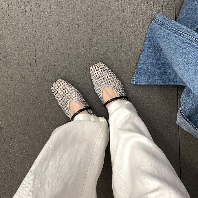 Sheepskin Version~ French Square Head Hollow Mesh Leather Sandals Women's New Soft-soled Woven Sandals Mary Jane Single Shoes