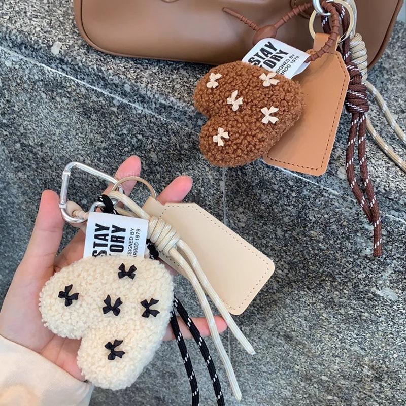 Lambswool Heart Pendant with Fluffy Bow Lanyard Keychain Bag Charm
