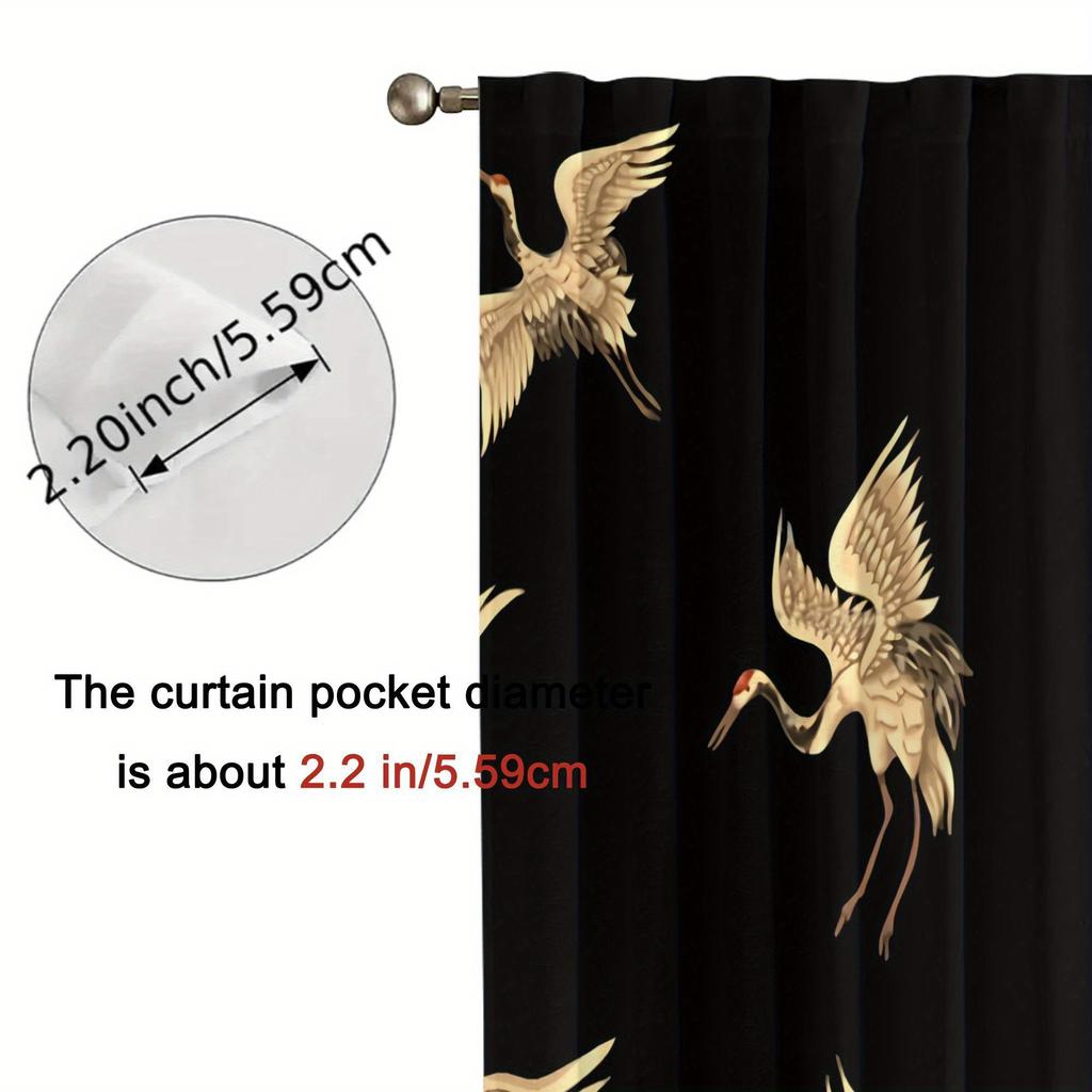 Set Of 2 Elegant Curtains Oriental Golden Chinese Crane Vintage Print Polyester Top Living Room Home Decor Curtain With Rod Pocket Darkening Perfect