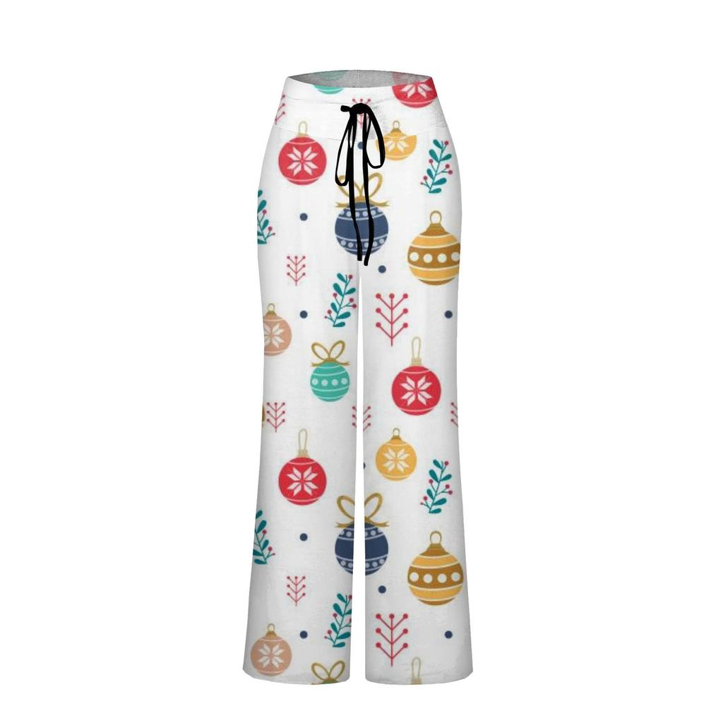 Women's Casual Fashion Comfort Pajama Pants Christmas Print Drawstring Wide Leg Pants