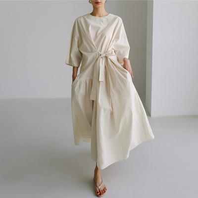 Koreanische Verbandkleider Sommer Casual Einfache Einfarbig Lose Oansatz Kurzarm Taschen Kleid