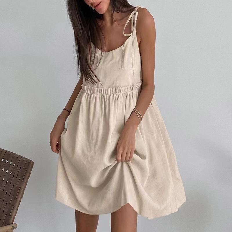 2025 Summer Cotton Linen Spaghetti Strap Dress - Women's Backless Sexy Urban European & American High-end Style.