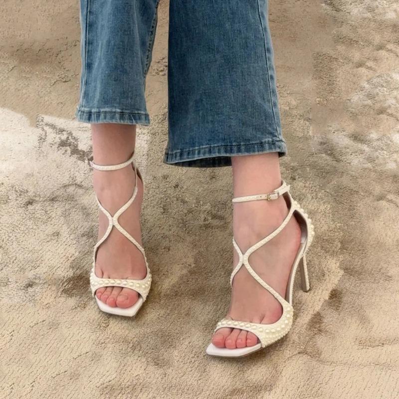 Fashion Square Headed Fish Mouth Sexy Pearl Strap Sandals New European  American Summer Women's Pearl Wedding Bride High Heels Shose 45
