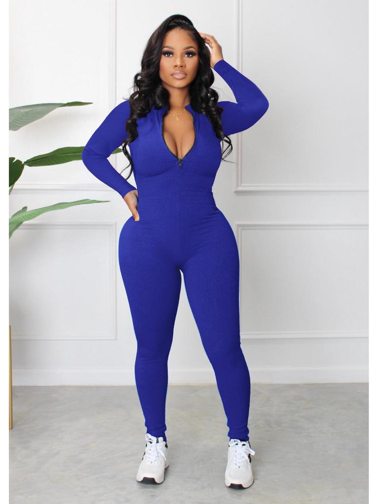 2022 Autumn European and American Pit Stripe Zipper Sports Jumpsuit