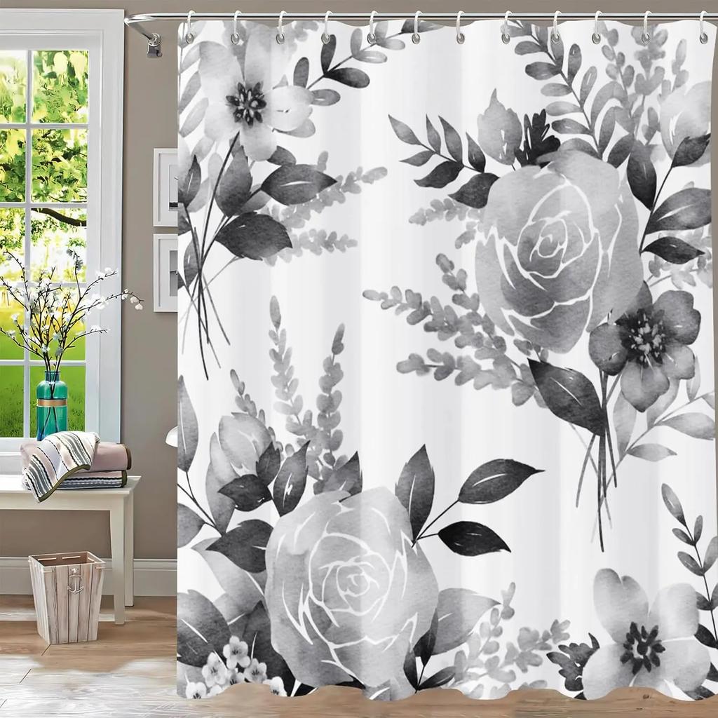 Bathroom Fabric Shower Curtain Waterproof Green Washable Watercolor Leaf Top Plant Bathroom Shower Curtain with Flowers