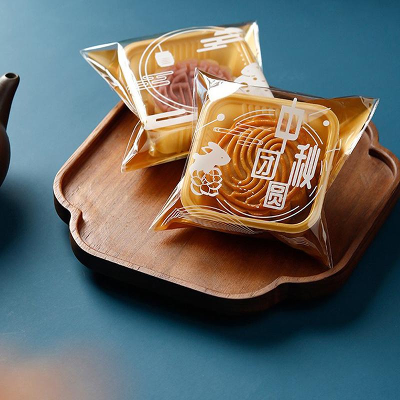 100Pcs Square Moon Cake Trays Mooncake Packaging Bag With Cover Food Container Holder Gold Plastic Cake For Cookie Egg Tart