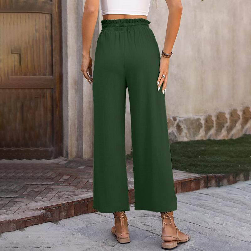New Women's Solid Color Cotton Linen Wide Leg Pants, High Waist Elastic Drawstring Casual Trousers for Spring Summer