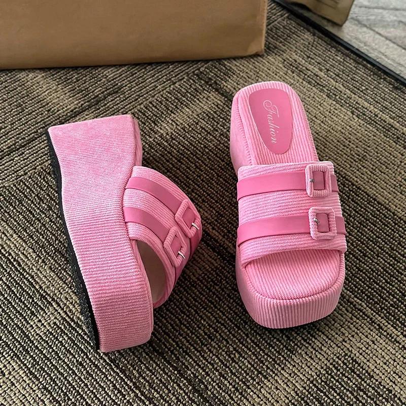 Square Head Platform Slippers Belt Buckles Corduroy Open-toe Women Sandals Summer New Designer Shoes Fashion Wedge Sandals