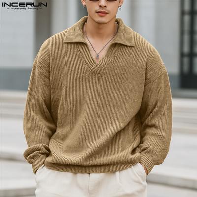 Autumn Men Lapel Neck Long Sleeve Texture Ribbed Casual Pullover Tops