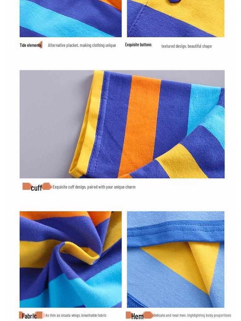 Boys' Korean Style Striped Long-Sleeve Polo Shirt with Turn-Down Collar (Sizes 100-170 cm) - Autumn & Spring Wear